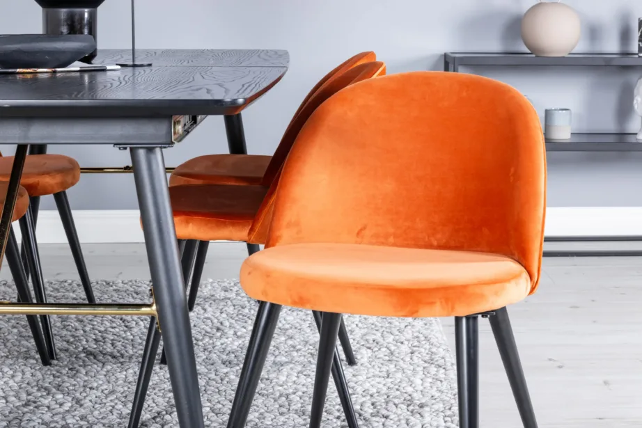 Pikendatav must söögilaud messingdetailide ja 6 oranži sametist tooliga Gold-Velvet, GR19436 – 7