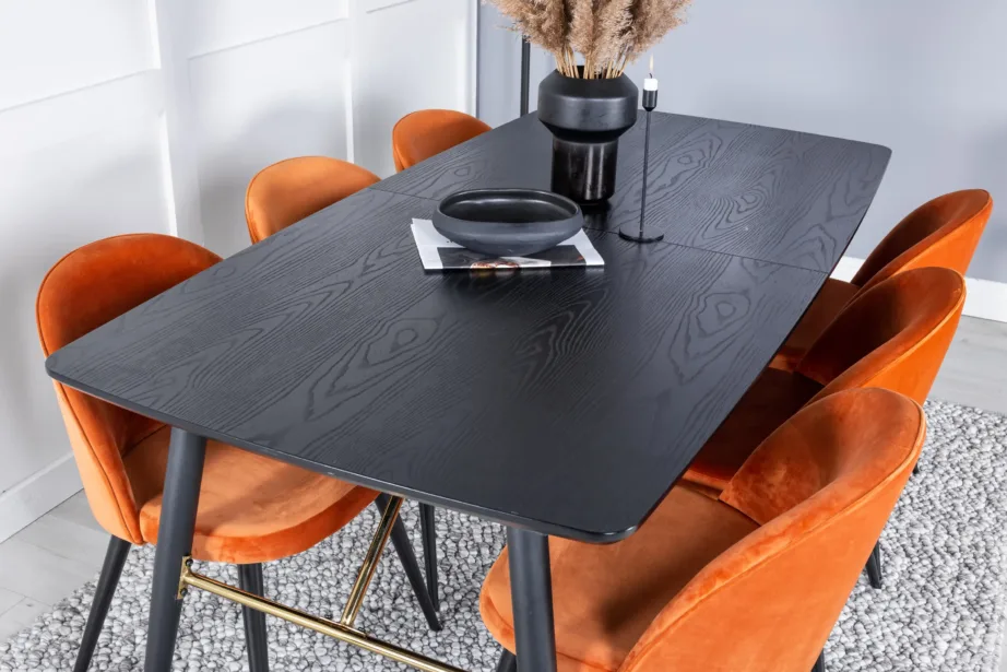 Pikendatav must söögilaud messingdetailide ja 6 oranži sametist tooliga Gold-Velvet, GR19436 – 8