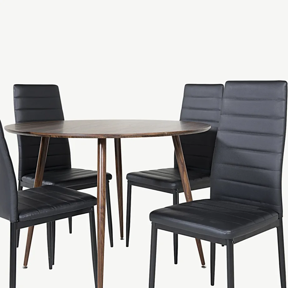 Ümmargune söögilauakomplekt Plaza pähklitoonis MDF ja musta kunstnahaga toolidega (ø100 cm), GR19674 – 2