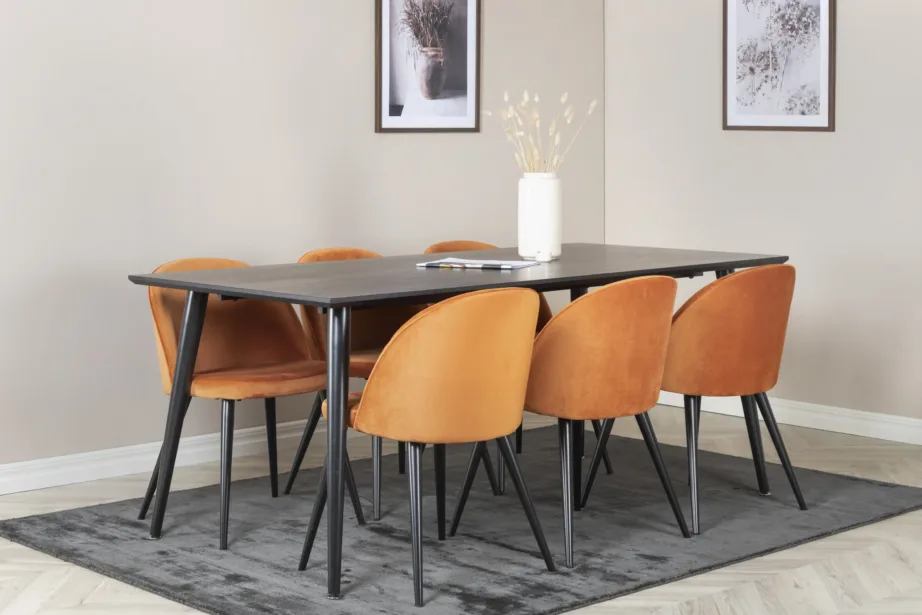 Ristkülikukujuline must söögilauakomplekt Dipp samettoolidega (6 kohta), GR19722 – 6