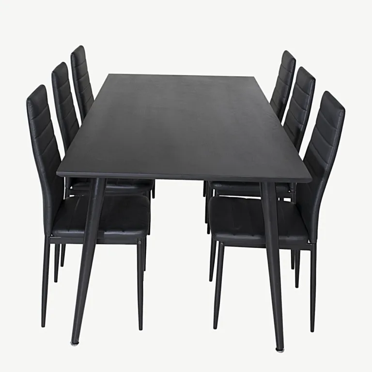Söögitoakomplekt Dipp – mustast vineerist laud 180x90 cm ja 6 Slim kõrge seljatoega musta PU-kattega tooli - GR19985