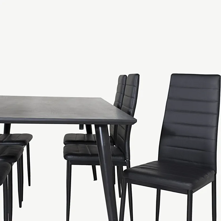 Söögitoakomplekt Dipp – mustast vineerist laud 180x90 cm ja 6 Slim kõrge seljatoega musta PU-kattega tooli - GR19985