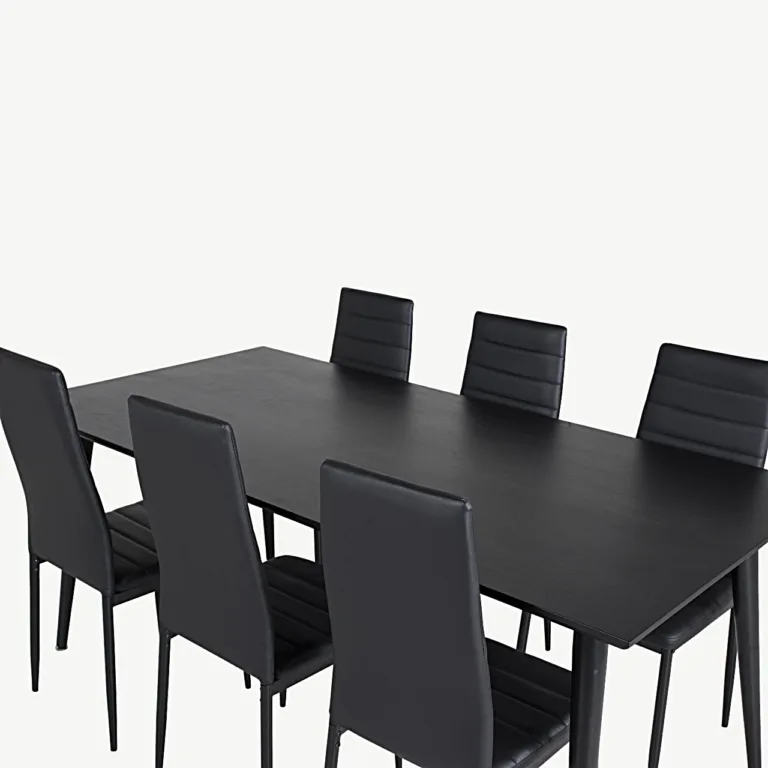 Söögitoakomplekt Dipp – mustast vineerist laud 180x90 cm ja 6 Slim kõrge seljatoega musta PU-kattega tooli - GR19985