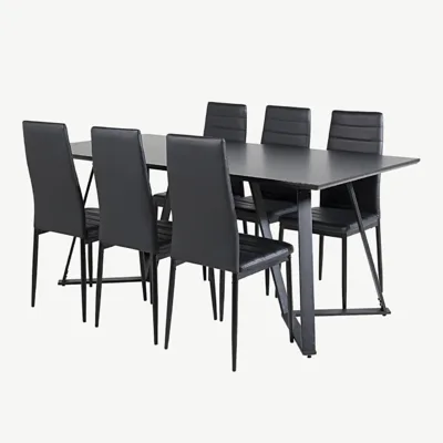 Must ristkülikukujuline söögilauakomplekt Marina ja kõrge seljatoega toolid Slim (6 tk, MDF-laminaat, terasraam) - GR20232