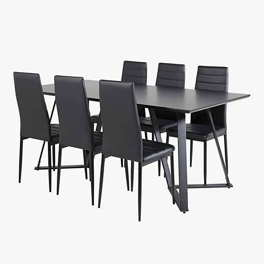 Must ristkülikukujuline söögilauakomplekt Marina ja kõrge seljatoega toolid Slim (6 tk, MDF-laminaat, terasraam), GR20232