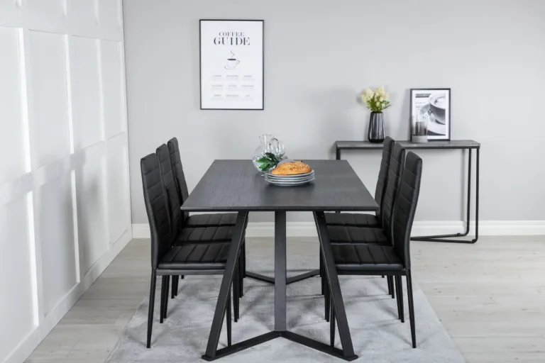 Must ristkülikukujuline söögilauakomplekt Marina ja kõrge seljatoega toolid Slim (6 tk, MDF-laminaat, terasraam) - GR20232