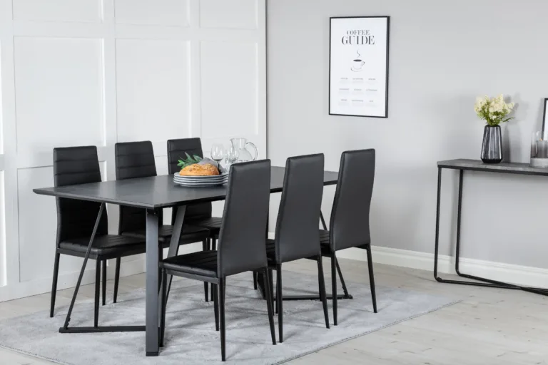 Must ristkülikukujuline söögilauakomplekt Marina ja kõrge seljatoega toolid Slim (6 tk, MDF-laminaat, terasraam) - GR20232