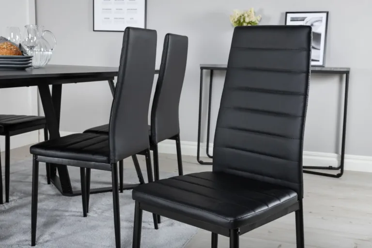 Must ristkülikukujuline söögilauakomplekt Marina ja kõrge seljatoega toolid Slim (6 tk, MDF-laminaat, terasraam) - GR20232