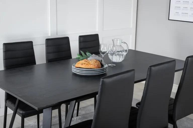 Must ristkülikukujuline söögilauakomplekt Marina ja kõrge seljatoega toolid Slim (6 tk, MDF-laminaat, terasraam) - GR20232