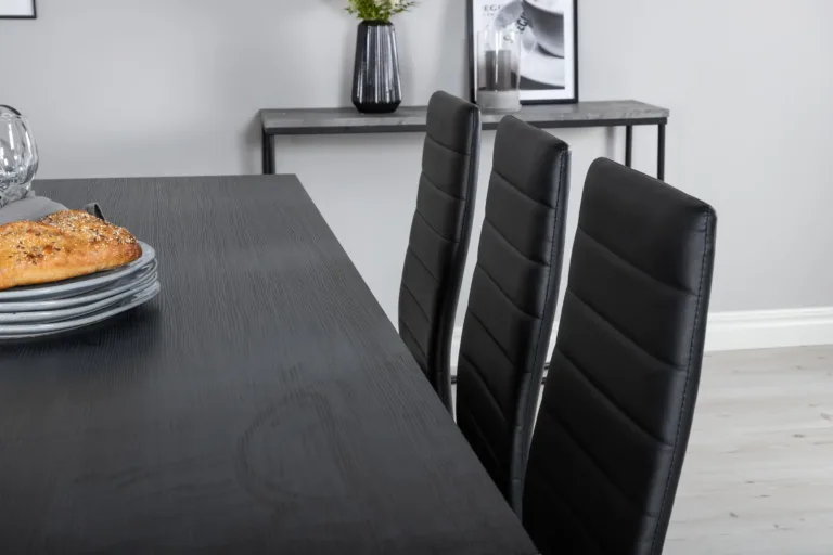 Must ristkülikukujuline söögilauakomplekt Marina ja kõrge seljatoega toolid Slim (6 tk, MDF-laminaat, terasraam) - GR20232