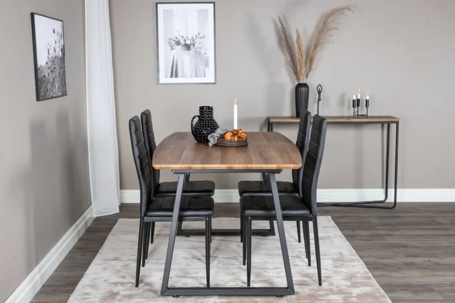 Pikendatav tamme tooni söögitoakomplekt Inca mustade kunstnahast toolidega, GR20294 – 5