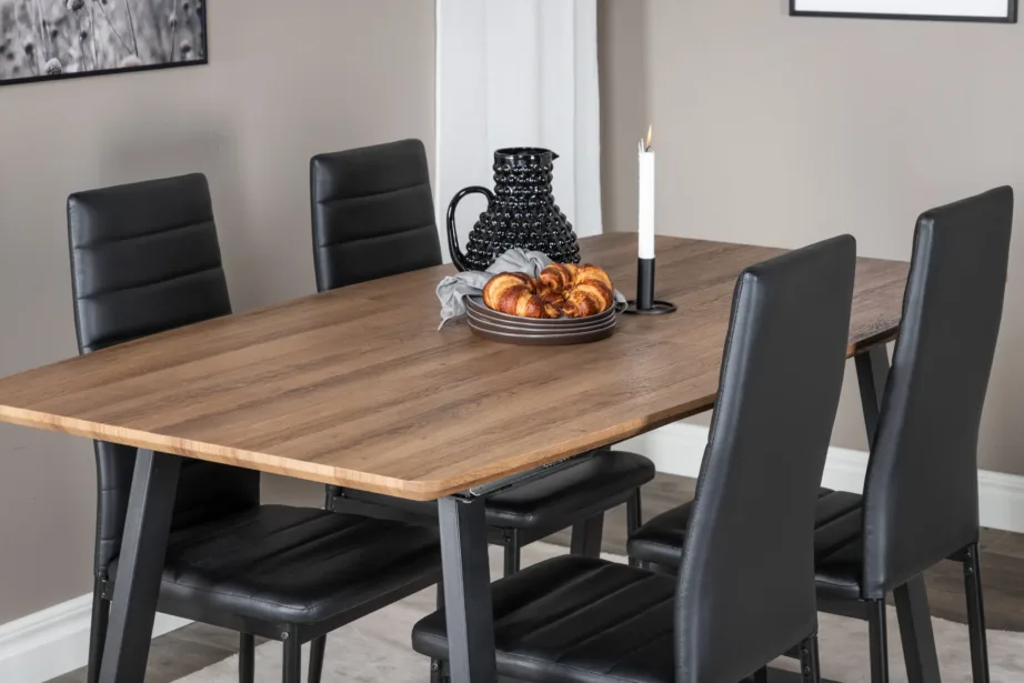 Pikendatav tamme tooni söögitoakomplekt Inca mustade kunstnahast toolidega, GR20294 – 8