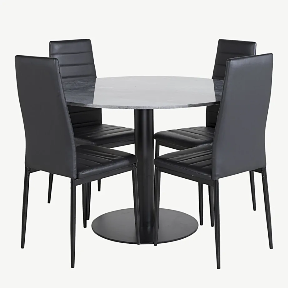 Estelle ümmargune tumehallist marmorist söögilaud ja mustad Slim PU-kunstnahast toolid, GR20494