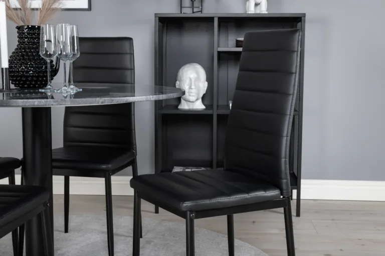Estelle ümmargune tumehallist marmorist söögilaud ja mustad Slim PU-kunstnahast toolid - GR20494