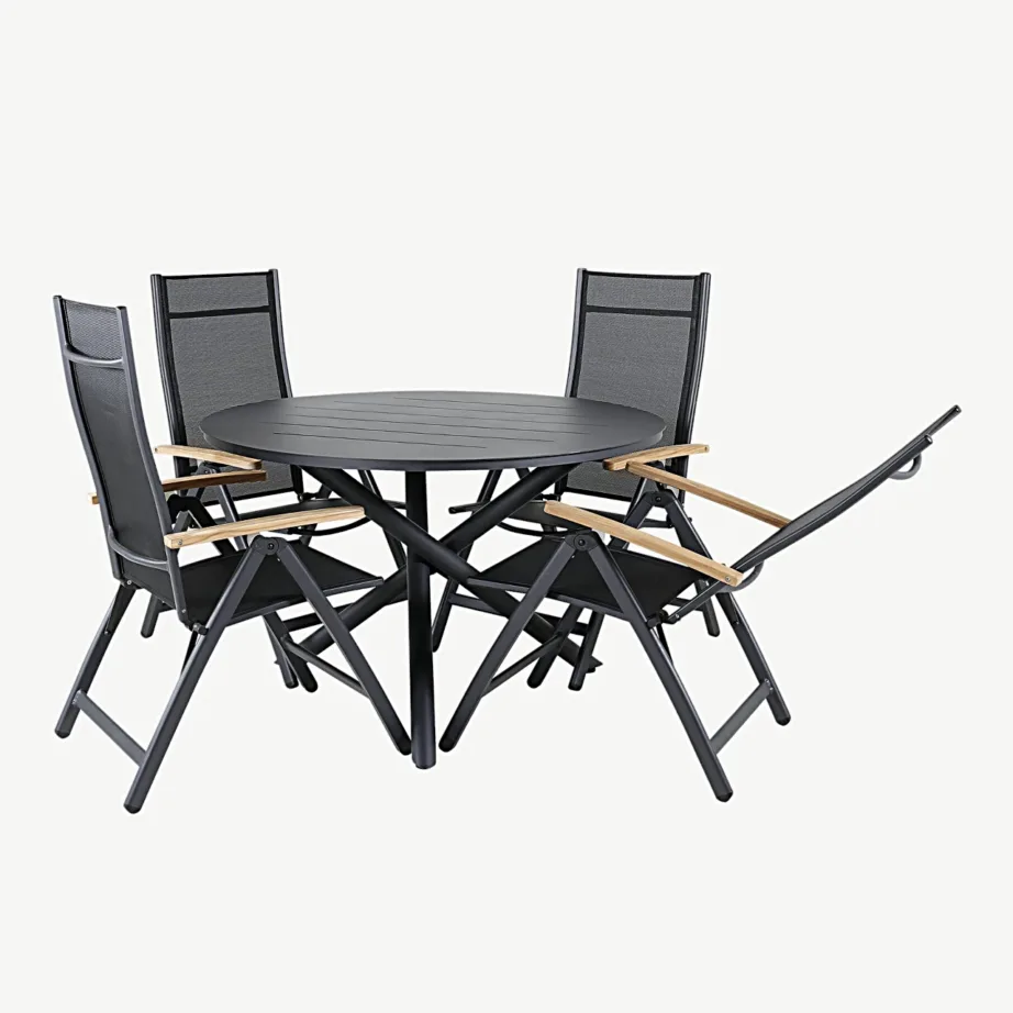 Alumiiniumist ümmarguse laua ja musta/tiigipuu Panama reguleeritavate toolidega aiamööblikomplekt Alma, GR21276 – 2
