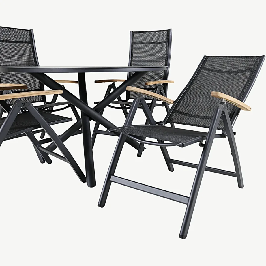 Alumiiniumist ümmarguse laua ja musta/tiigipuu Panama reguleeritavate toolidega aiamööblikomplekt Alma, GR21276 – 4