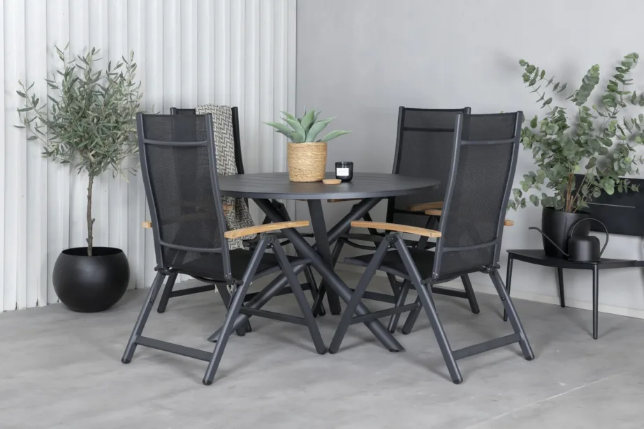 Alumiiniumist ümmarguse laua ja musta/tiigipuu Panama reguleeritavate toolidega aiamööblikomplekt Alma, GR21276 – 5