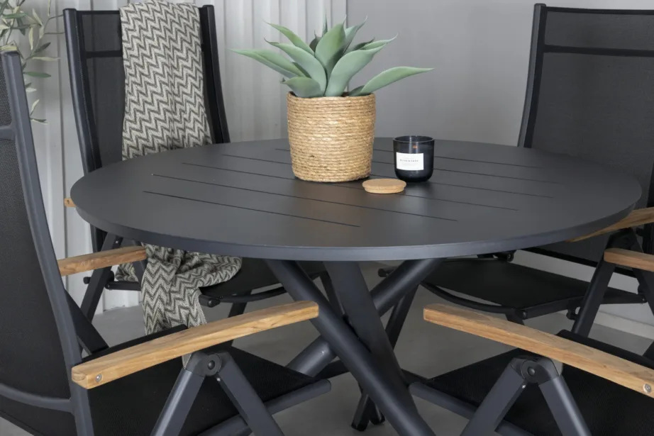 Alumiiniumist ümmarguse laua ja musta/tiigipuu Panama reguleeritavate toolidega aiamööblikomplekt Alma, GR21276 – 7