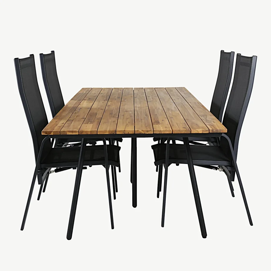 Akaatsiapuust söögilaud Chan ja mustad Copacabana lamamistoolid (aiakomplekt, 200 cm), GR21467 – 2