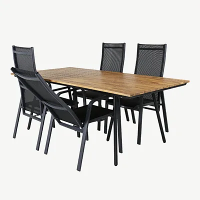 Akaatsiapuust söögilaud Chan ja mustad Copacabana lamamistoolid (aiakomplekt, 200 cm) - GR21467