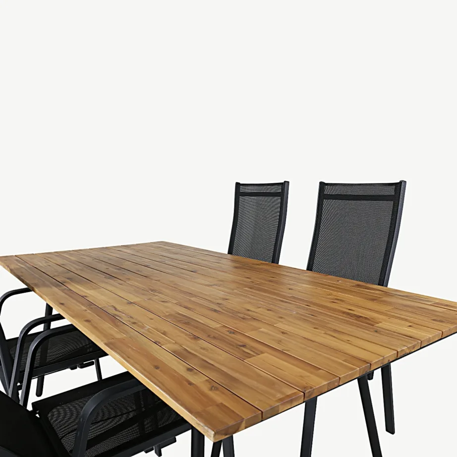Akaatsiapuust söögilaud Chan ja mustad Copacabana lamamistoolid (aiakomplekt, 200 cm), GR21467 – 4