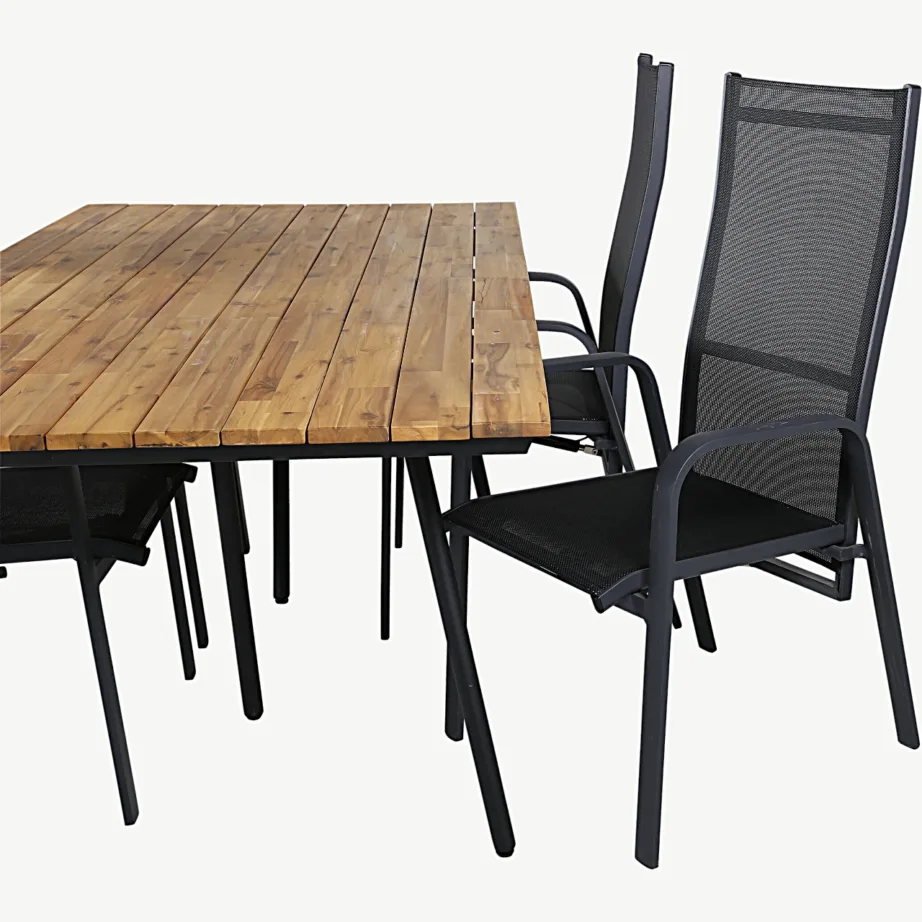 Akaatsiapuust söögilaud Chan ja mustad Copacabana lamamistoolid (aiakomplekt, 200 cm), GR21467 – 10