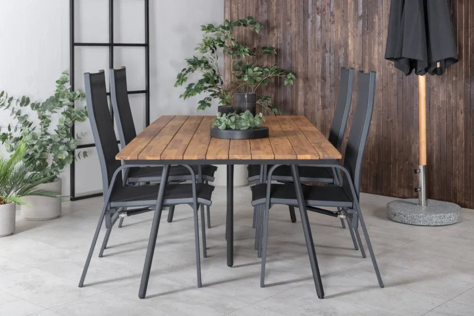 Akaatsiapuust söögilaud Chan ja mustad Copacabana lamamistoolid (aiakomplekt, 200 cm), GR21467 – 5