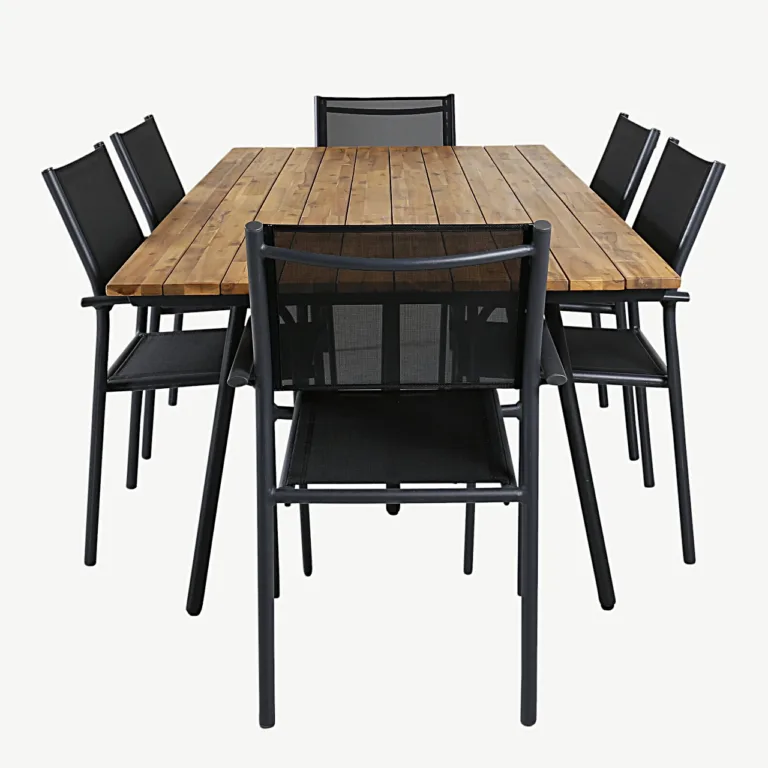 Akaatsiapuidust söögilaud Chan ja mustad Santorini virnastatavad toolid (aiakomplekt, 200 cm) - GR21469