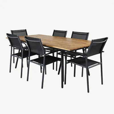 Akaatsiapuidust söögilaud Chan ja mustad Santorini virnastatavad toolid (aiakomplekt, 200 cm) - GR21469