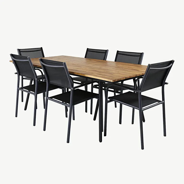 Akaatsiapuidust söögilaud Chan ja mustad Santorini virnastatavad toolid (aiakomplekt, 200 cm) - GR21469