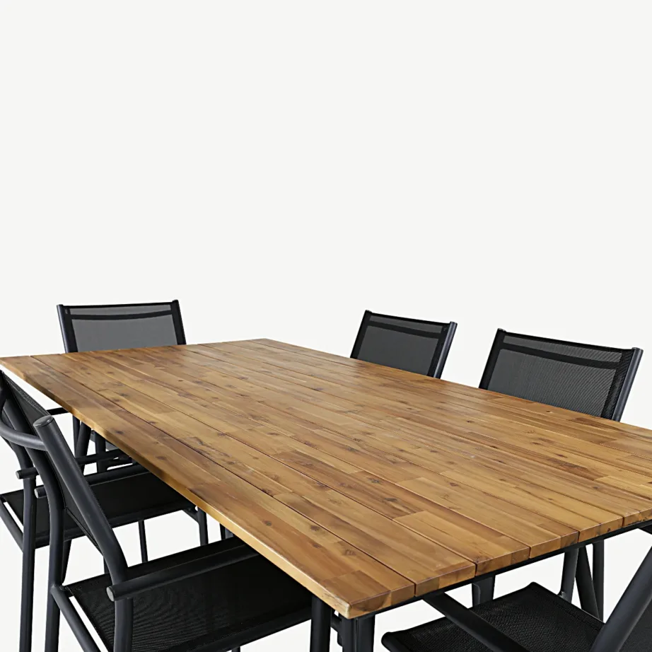 Akaatsiapuidust söögilaud Chan ja mustad Santorini virnastatavad toolid (aiakomplekt, 200 cm), GR21469 – 3