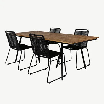 Akaatsiapuidust söögilaud Chan ja mustad Lindos aiatoolid – aiamööbli komplekt (200 cm, terasraam) - GR21470