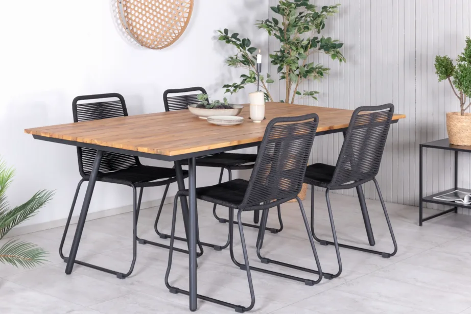 Akaatsiapuidust söögilaud Chan ja mustad Lindos aiatoolid – aiamööbli komplekt (200 cm, terasraam), GR21470 – 6