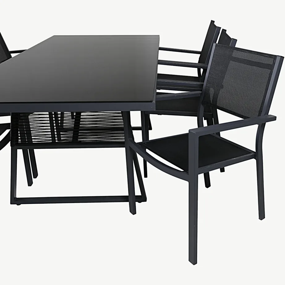 Dallas ristkülikukujuline aiasöögigrupi komplekt musta klaasplaadi ja virnastatavate toolidega, GR21585 – 4