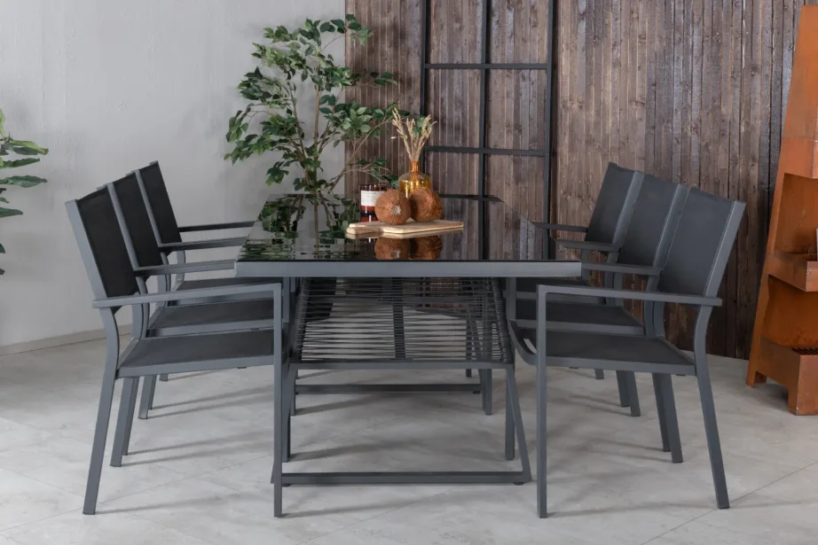 Dallas ristkülikukujuline aiasöögigrupi komplekt musta klaasplaadi ja virnastatavate toolidega, GR21585 – 5