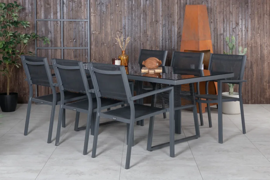 Dallas ristkülikukujuline aiasöögigrupi komplekt musta klaasplaadi ja virnastatavate toolidega, GR21585 – 6