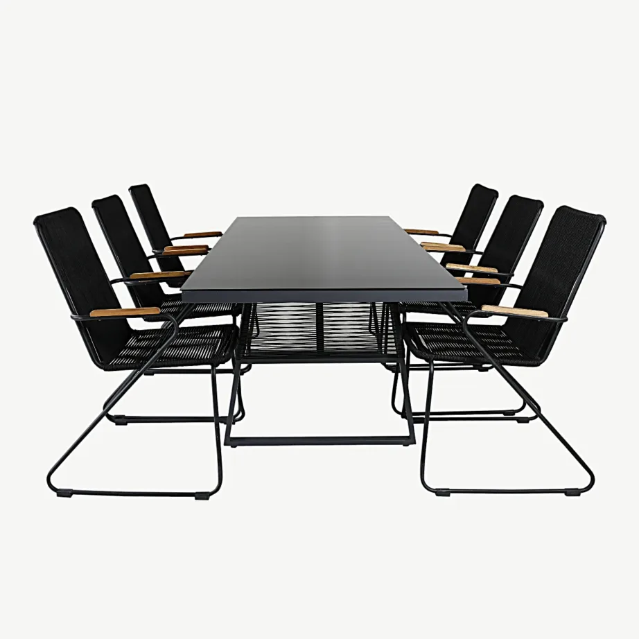 Õuemööbli söögikomplekt Dallas – must klaas, alumiinium, akaatsiapuit ja köis, GR21595 – 2