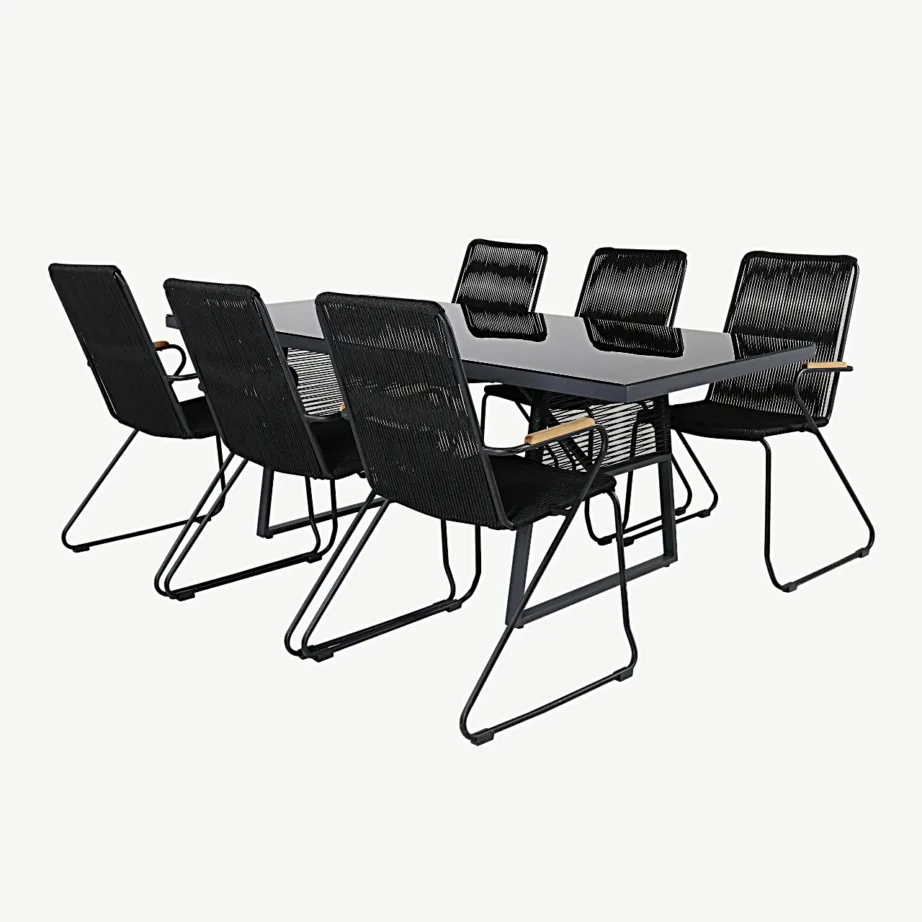 Õuemööbli söögikomplekt Dallas – must klaas, alumiinium, akaatsiapuit ja köis, GR21595