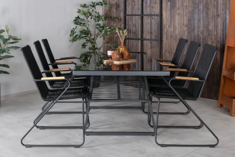 Õuemööbli söögikomplekt Dallas – must klaas, alumiinium, akaatsiapuit ja köis, GR21595 – 5