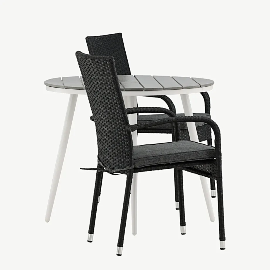 Ümmargune õuesöögigrupi komplekt Break – hall WPC laud, valged alumiiniumjalad ja mustad kunstrotangist toolid, GR22682 – 2