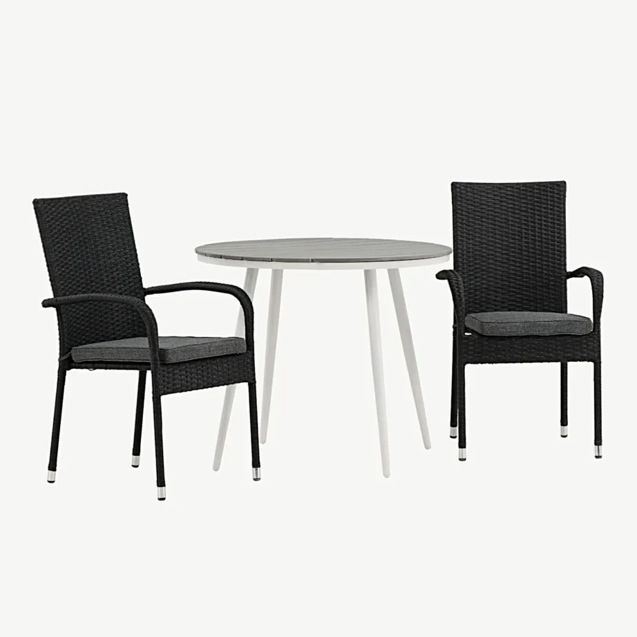 Ümmargune õuesöögigrupi komplekt Break – hall WPC laud, valged alumiiniumjalad ja mustad kunstrotangist toolid, GR22682 – 3