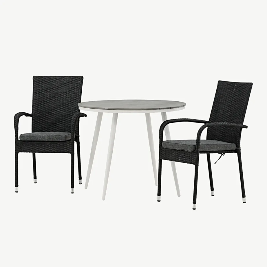 Ümmargune õuesöögigrupi komplekt Break – hall WPC laud, valged alumiiniumjalad ja mustad kunstrotangist toolid, GR22682 – 5