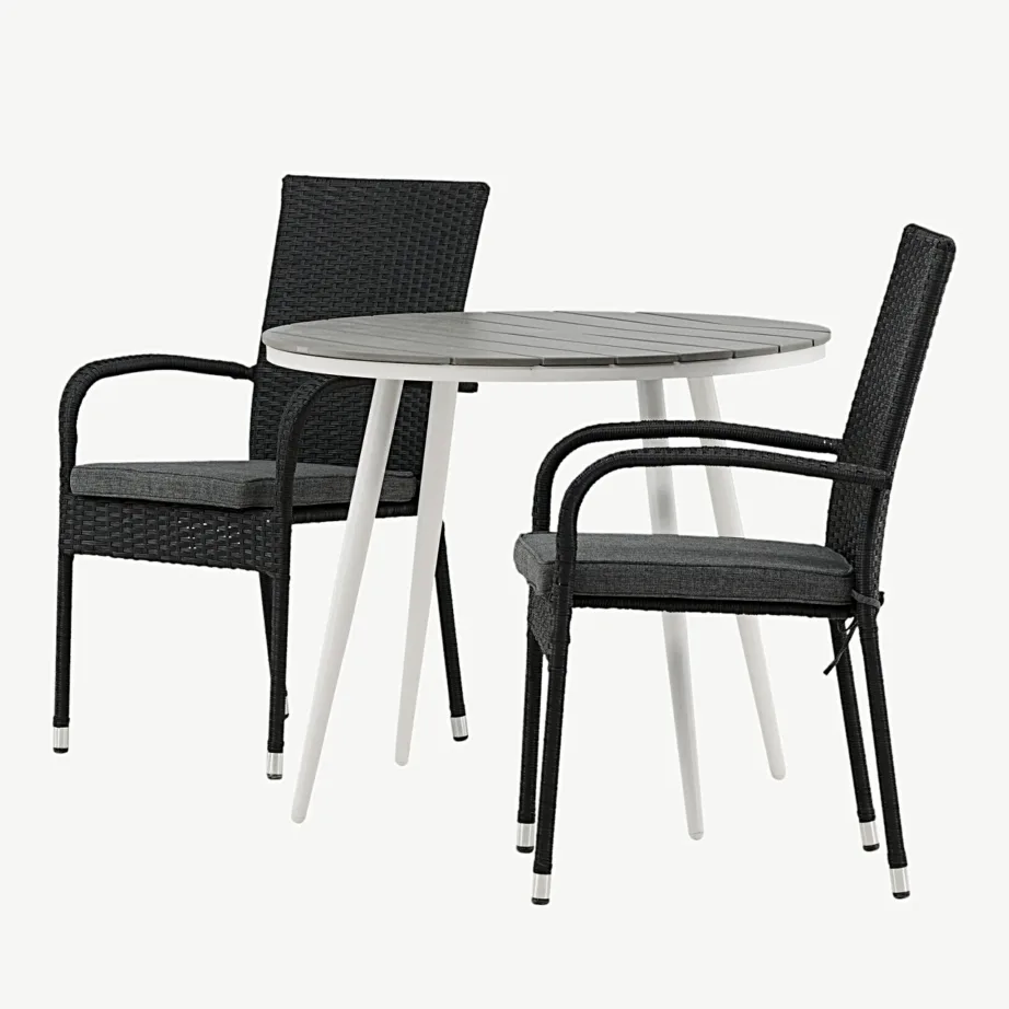 Ümmargune õuesöögigrupi komplekt Break – hall WPC laud, valged alumiiniumjalad ja mustad kunstrotangist toolid, GR22682 – 6