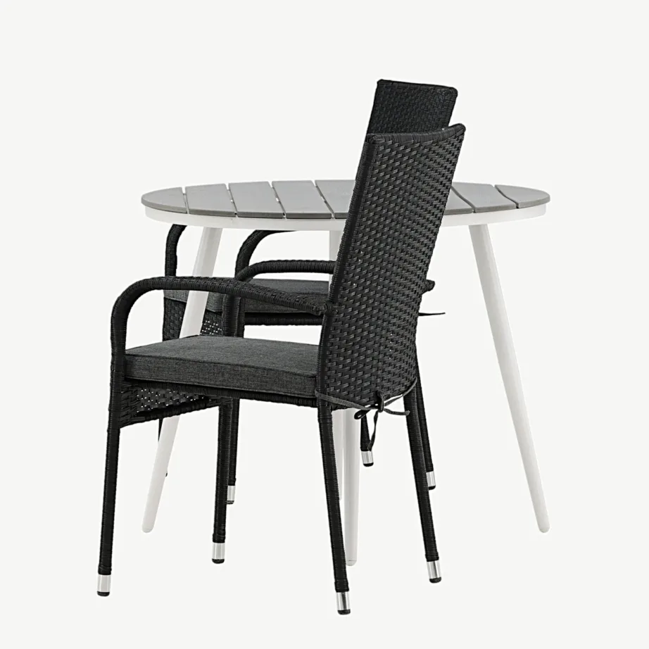 Ümmargune õuesöögigrupi komplekt Break – hall WPC laud, valged alumiiniumjalad ja mustad kunstrotangist toolid, GR22682 – 7