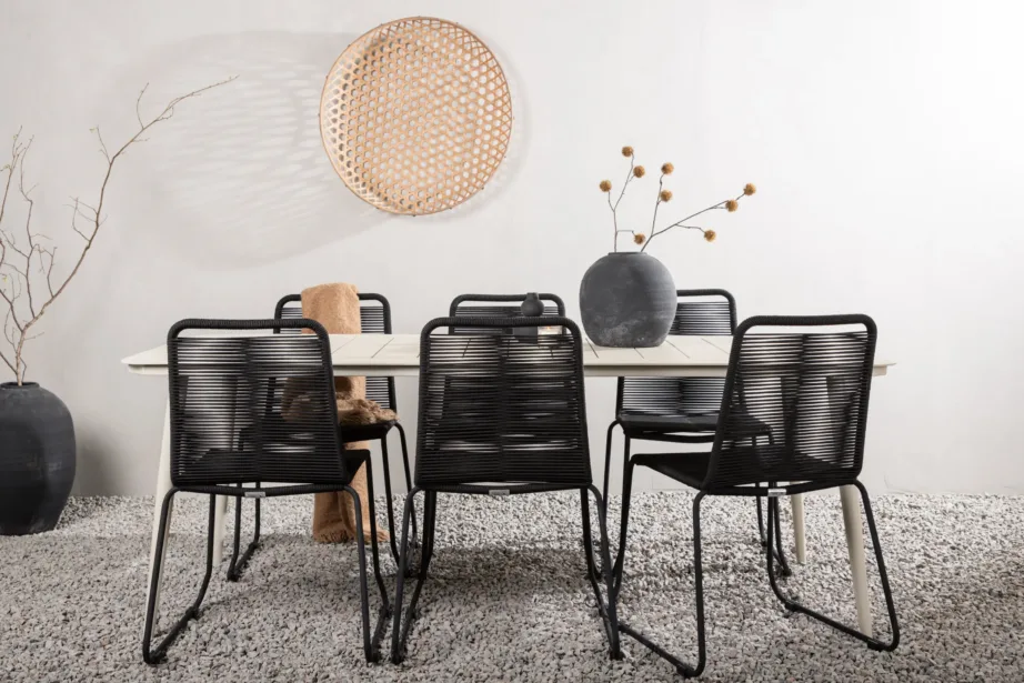 Beežist alumiiniumist aiasöögilaud Lina ja mustad köieistmega Lindos toolid (6 tk komplektis), GR22730 – 9