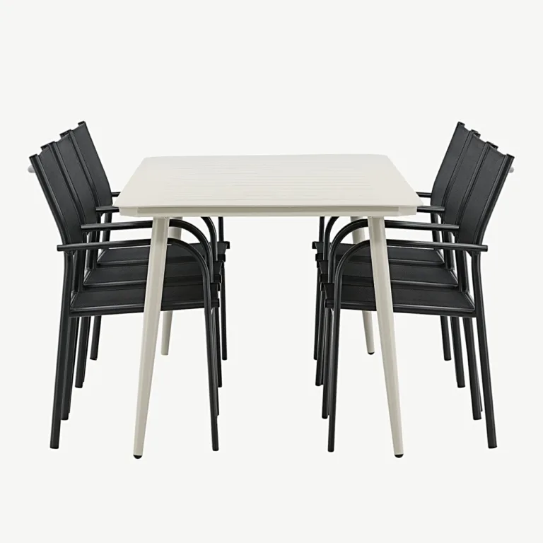 Beežist alumiiniumist söögilaud Lina mustade Santorini virnastatavate toolidega (õuemööbli komplekt, 200 × 90 cm) - GR22733