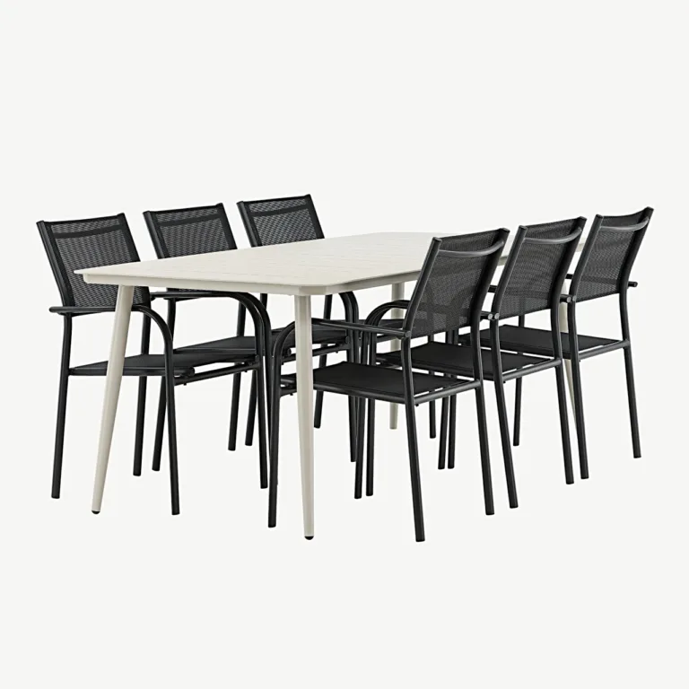 Beežist alumiiniumist söögilaud Lina mustade Santorini virnastatavate toolidega (õuemööbli komplekt, 200 × 90 cm) - GR22733