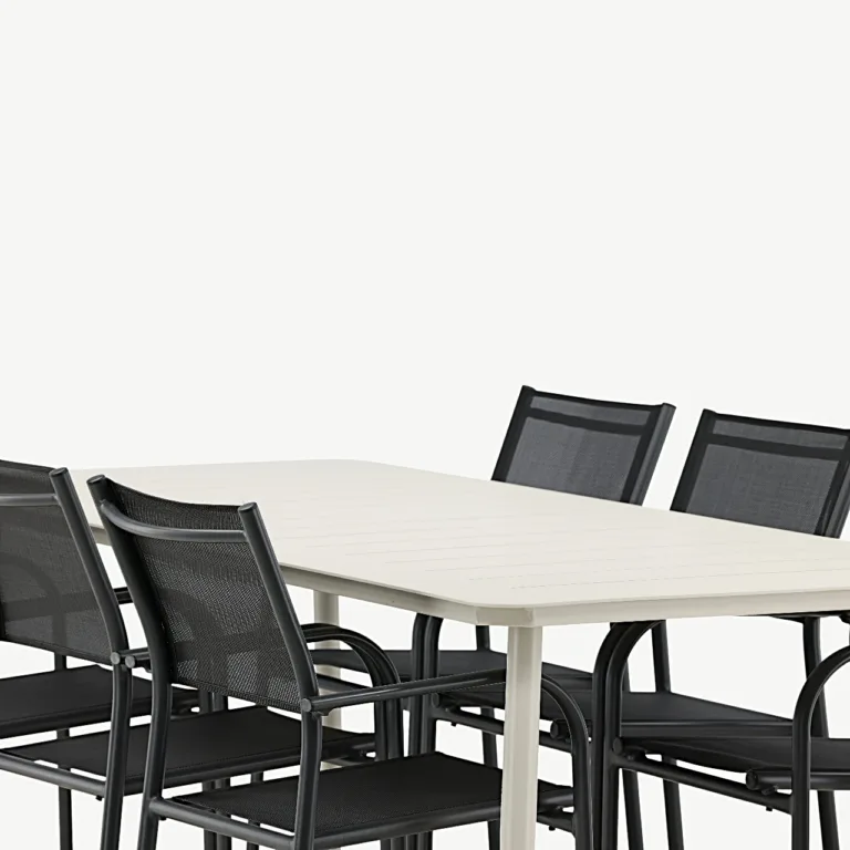 Beežist alumiiniumist söögilaud Lina mustade Santorini virnastatavate toolidega (õuemööbli komplekt, 200 × 90 cm) - GR22733
