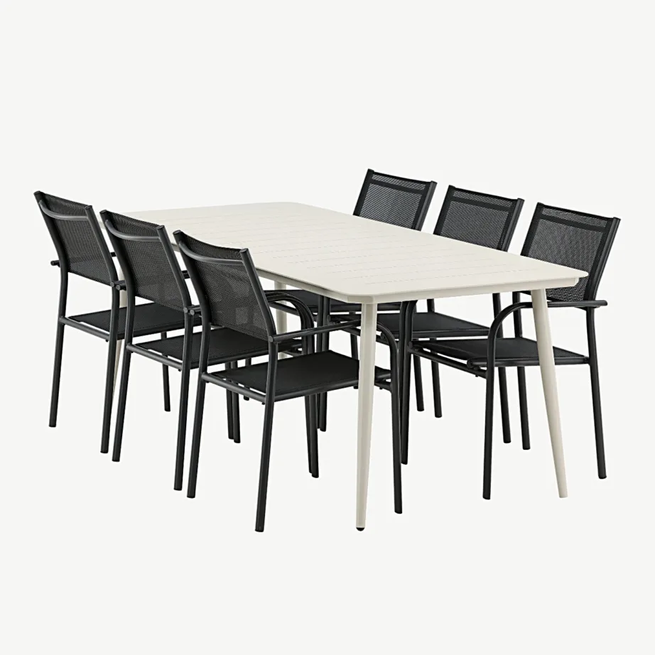 Beežist alumiiniumist söögilaud Lina mustade Santorini virnastatavate toolidega (õuemööbli komplekt, 200 × 90 cm), GR22733