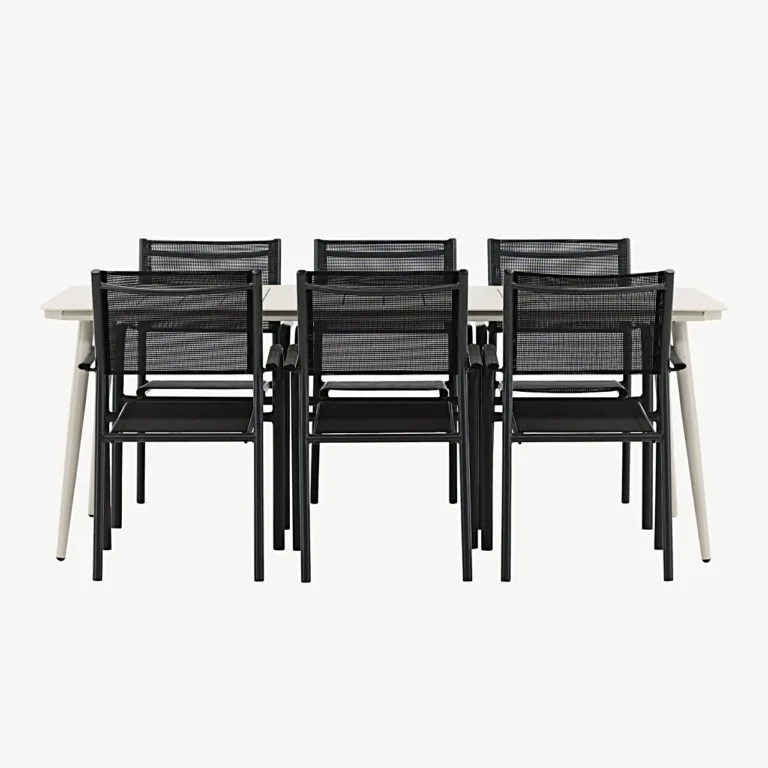 Beežist alumiiniumist söögilaud Lina mustade Santorini virnastatavate toolidega (õuemööbli komplekt, 200 × 90 cm) - GR22733
